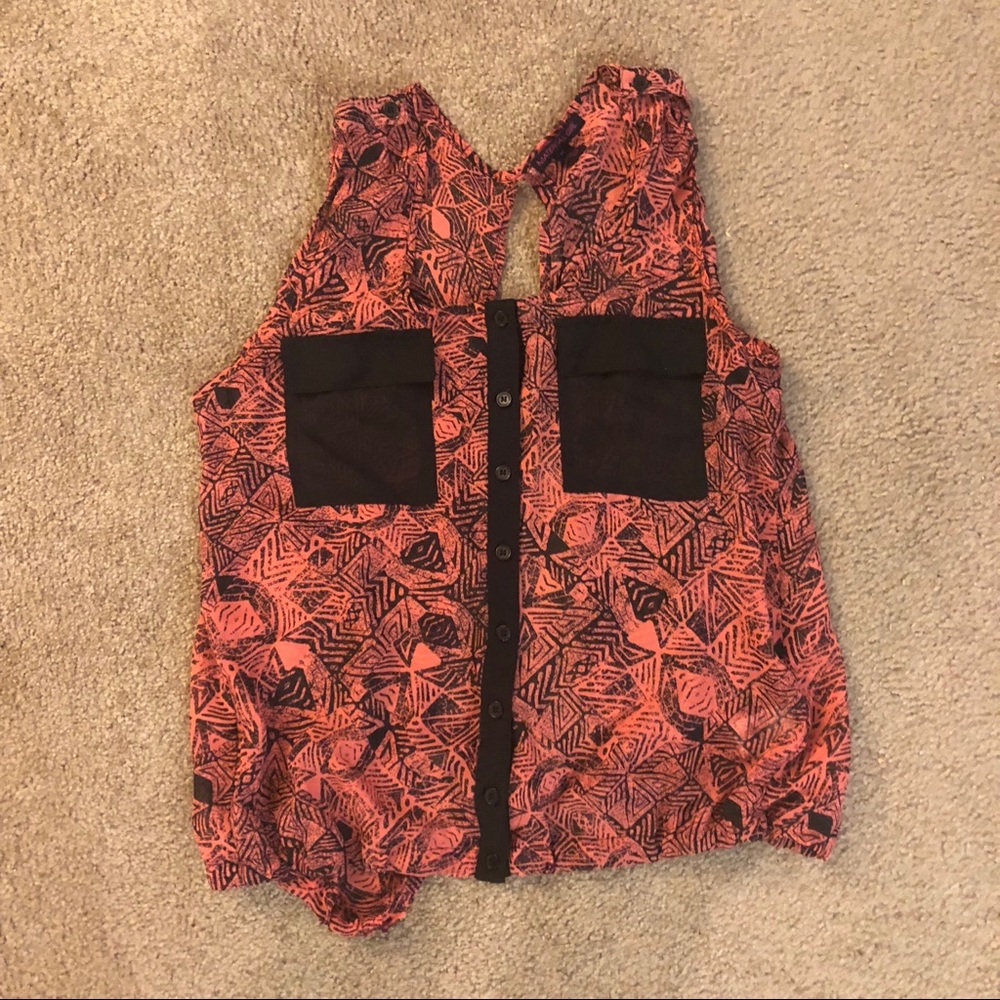 Coral and black pattern blouse, open back